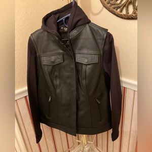 Xelement "Tara" black leather hoodie jacket with convertible vest.